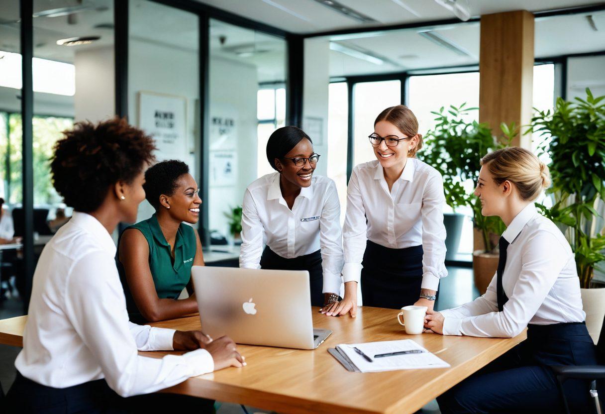 A diverse group of employees in stylish bespoke corporate uniforms, smiling and engaging in a collaborative brainstorming session in a modern office environment. The setting has greenery, natural light streaming through large windows, and motivational posters on the walls, conveying a sense of teamwork and professionalism. Include elements that depict positivity and morale, such as coffee cups, notepads, and laptops. super-realistic. vibrant colors. warm tones.