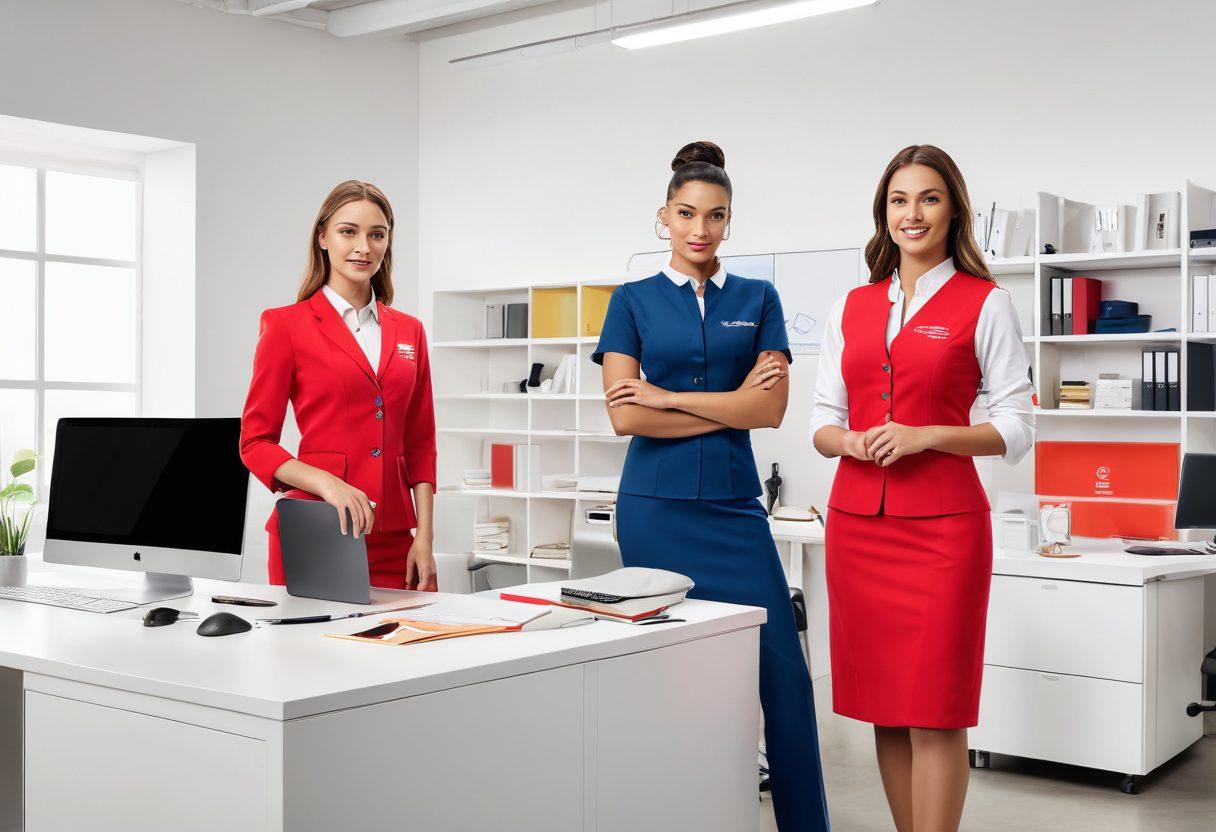 A stylish workspace showcasing diverse employees wearing customized premium uniforms tailored for various professions, emphasizing professionalism and unity. Include elements like a modern office environment, bright colors, and a sense of teamwork and pride. Capture the benefits of branding through uniforms with logos subtly displayed. super-realistic. vibrant colors. white background.